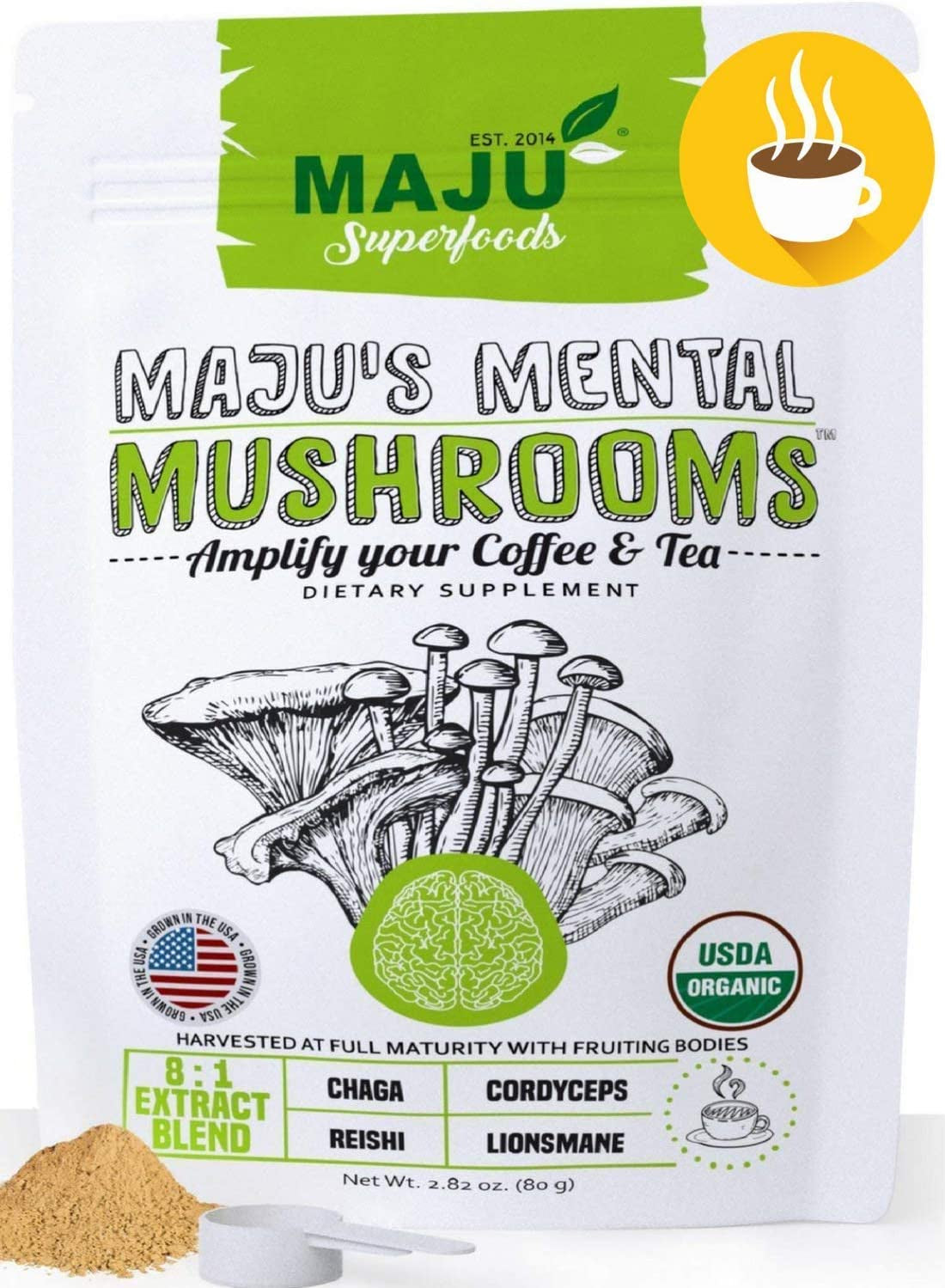Only Brain Boosting  Mushrooms Extract Mix- Organic Add to Coffee/Tea, 80 Grams 